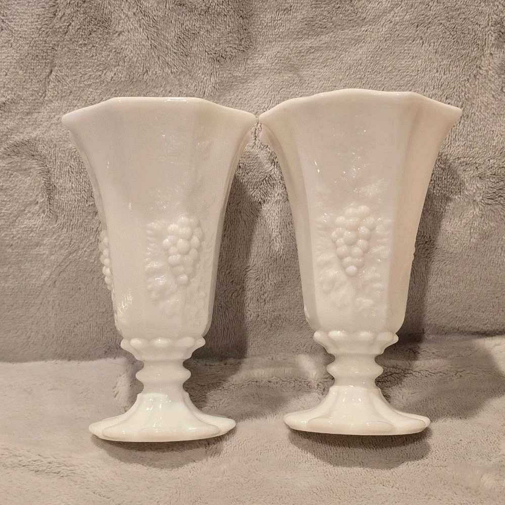 Vintage Westmoreland Milk Glass Beaded Grape Scalloped Footed Bud Vases Set of 2